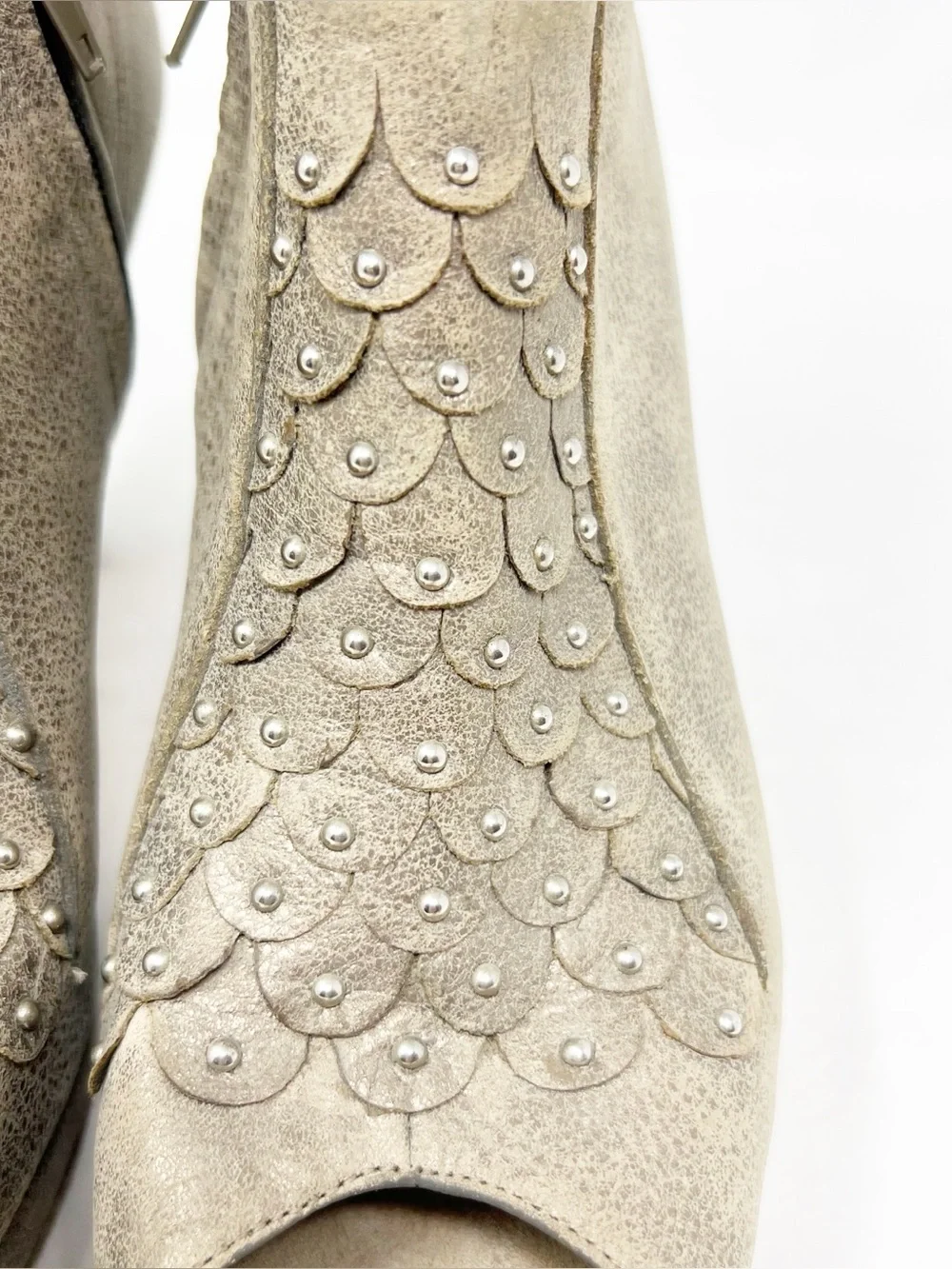 CALLEEN CORDERO TAUPE STUDDED LEATHER PEEP TOE CONE HEEL BOOTIES WOMENS SZ 7.5
